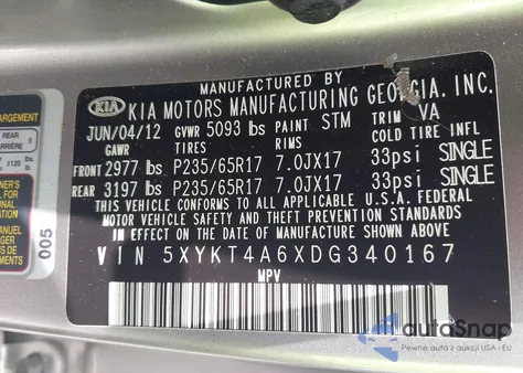 2013 Kia Sorento Lx из США, поврежденный, VIN 5XYKT4A6XDG340167